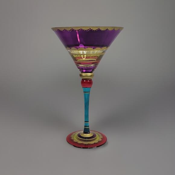 4 Pier 1 Festive Martini Glasses Blown Colorful Purple Stripe Gold Accent 8" Set - Picture 10 of 14